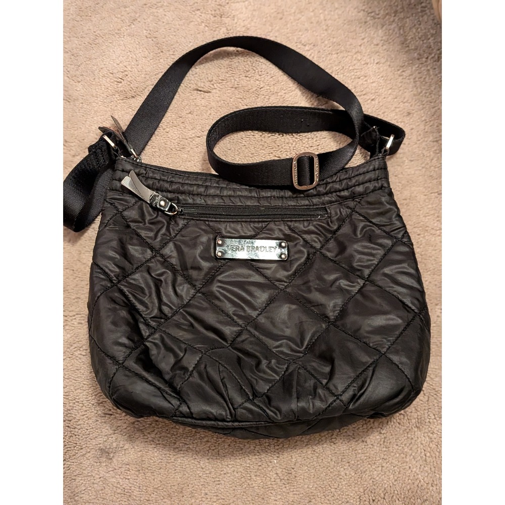 Vera Bradley Black Quilted Nylon Crossbody Bag Small Messenger Purse Adjustable